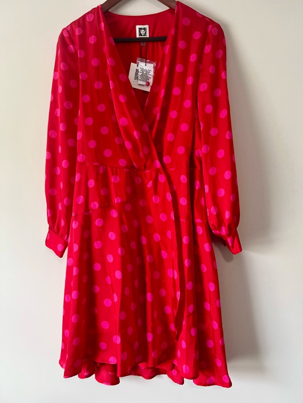 Anne Klein Red Dress with Pink Polka Dots, Long Sleeve